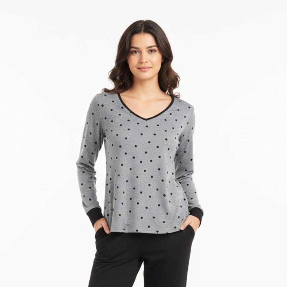 Kate Spade Gray & Black Polka Dot Print Soft Long Sleeve Tee T Shirt Top S
